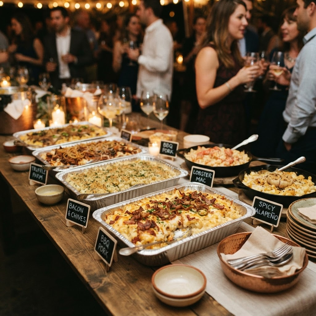 A catering spread of gourmet mac and cheese trays ready to serve a crowd