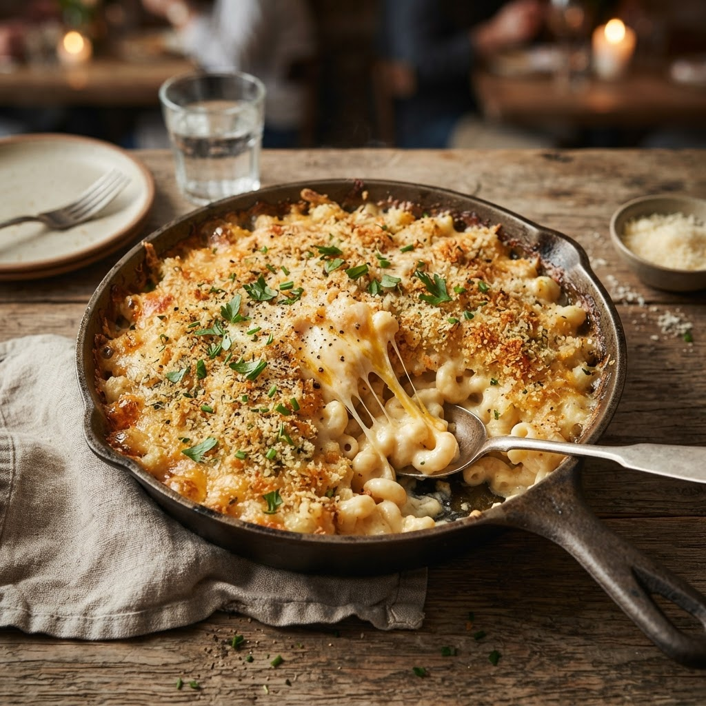 Bubbling gourmet baked mac and cheese with a golden breadcrumb crust in a cast-iron skillet